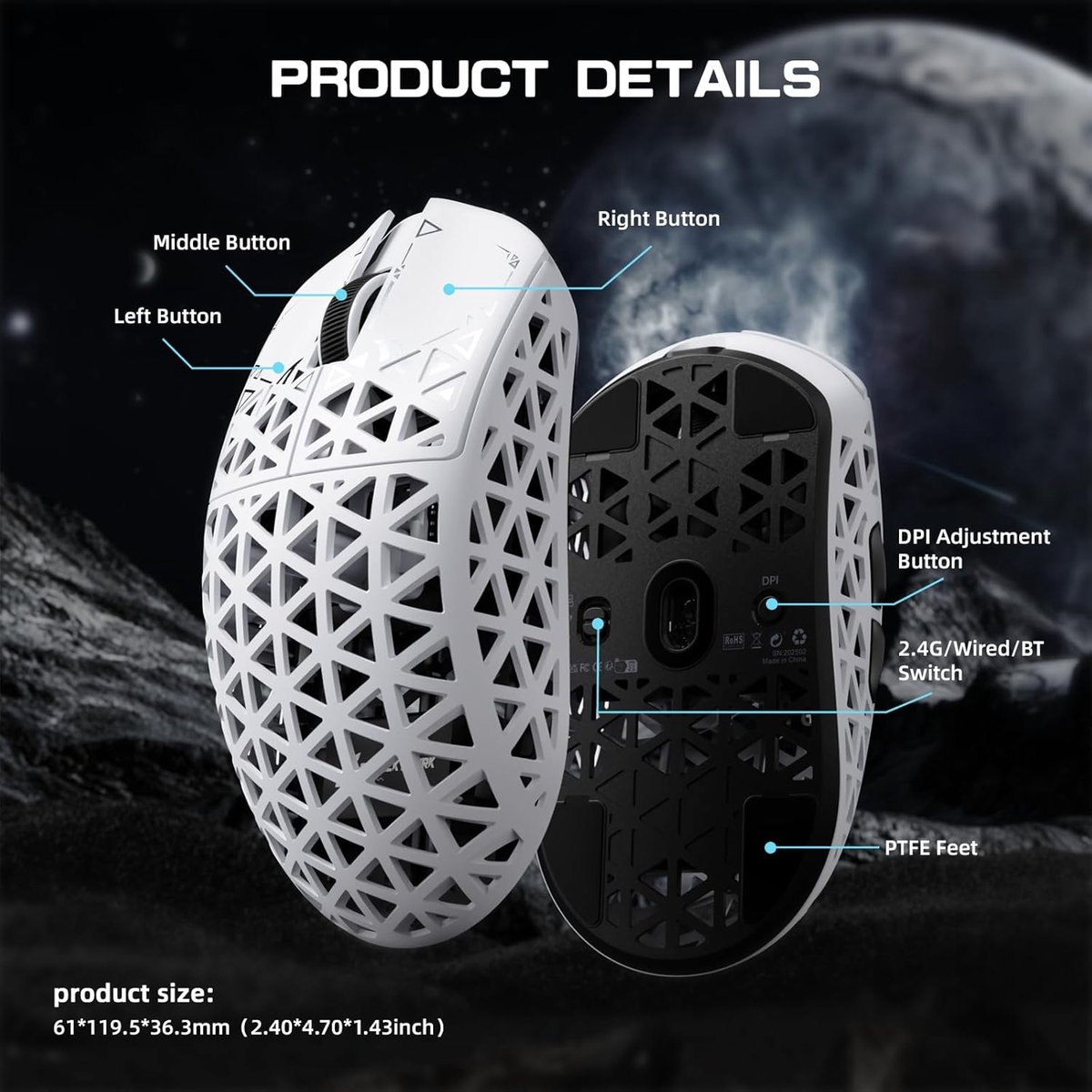 White honeycomb gaming mouse, front and back view. Labeled: Left, middle, right buttons, DPI button.
