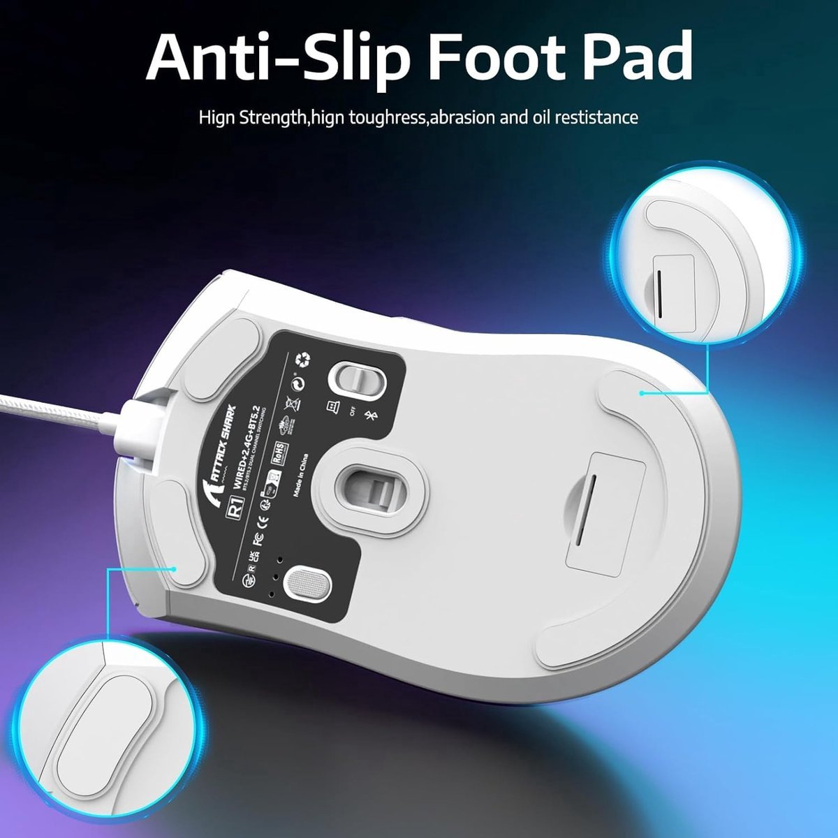White computer mouse with anti-slip pads and product information.