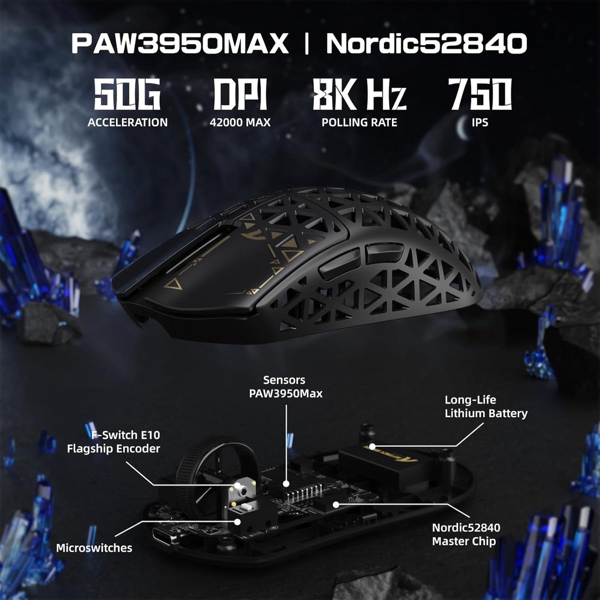 Black honeycomb gaming mouse, interior with chips and battery shown.