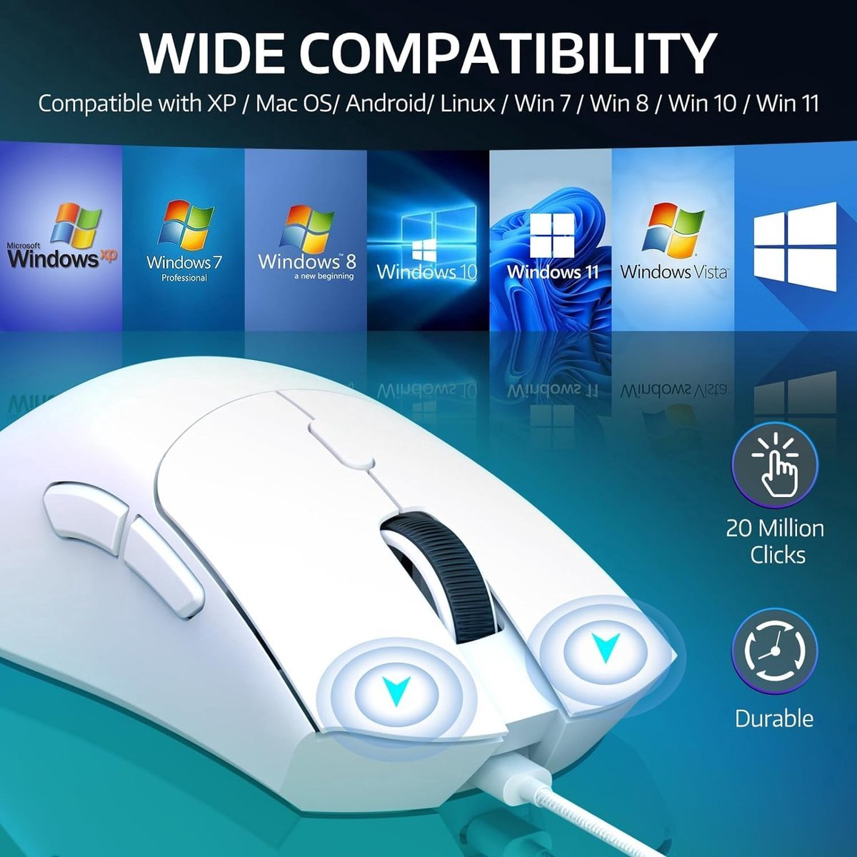White mouse with Windows logos in the background and compatibility text.