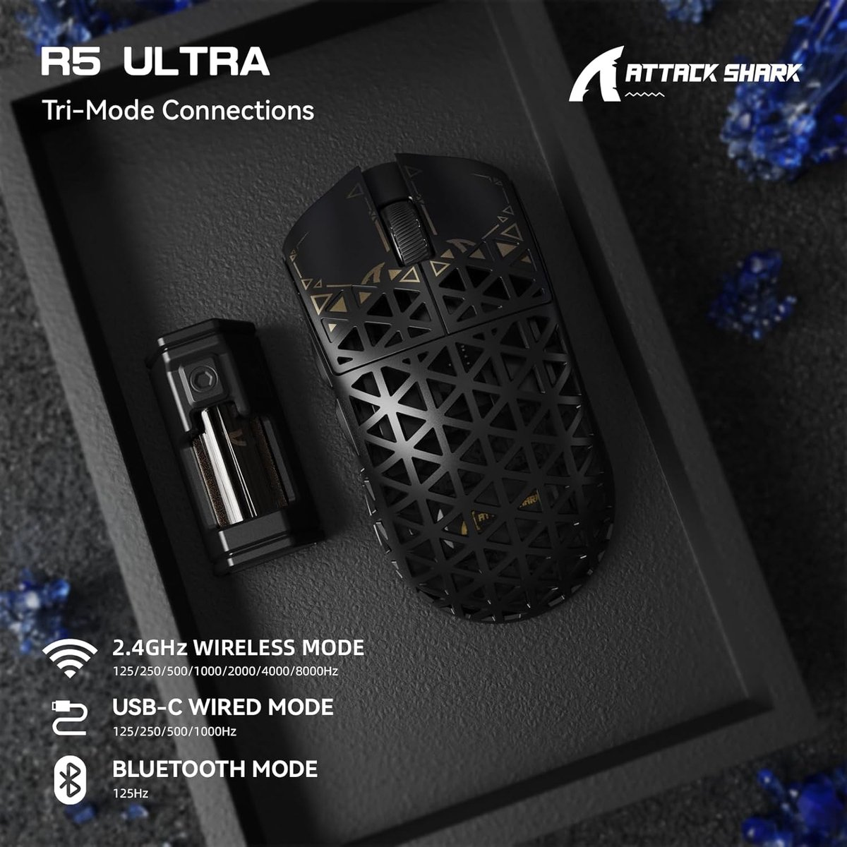 Black R5 ULTRA mouse with a USB dongle. Features tri-mode connections.