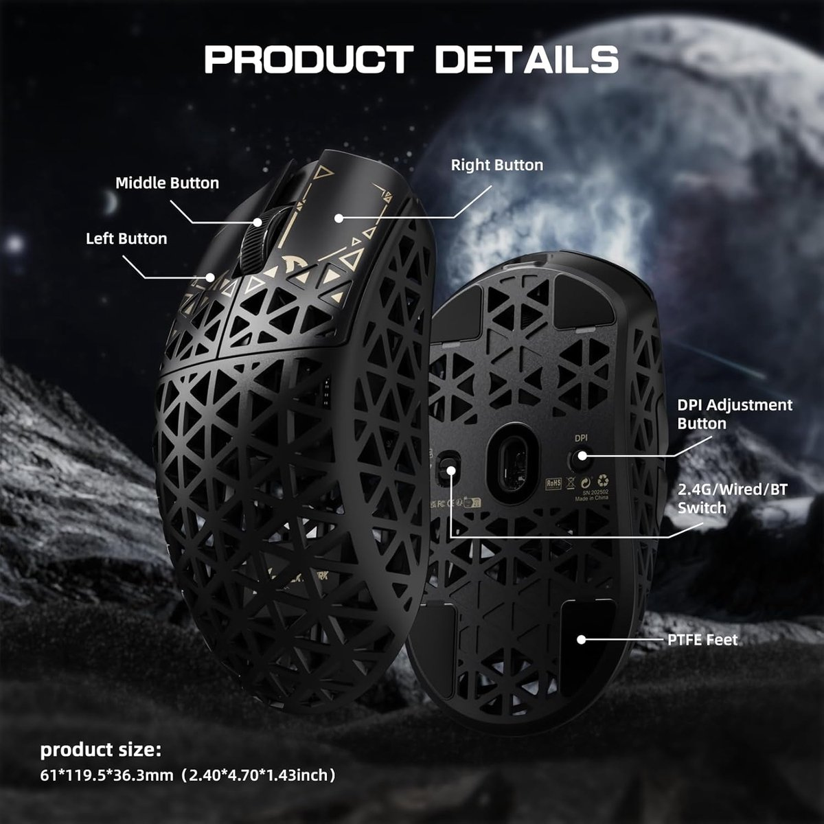 Black honeycomb gaming mouse, front and back view. Labels point to buttons and size details.
