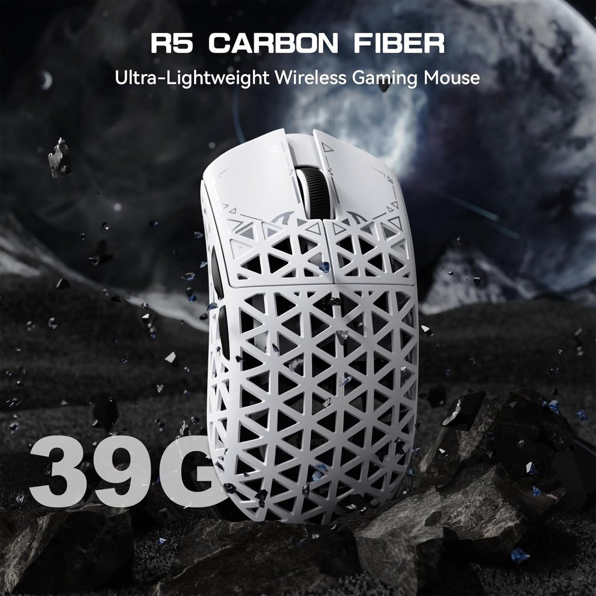 Lightweight white gaming mouse with honeycomb pattern and "39G" text.
