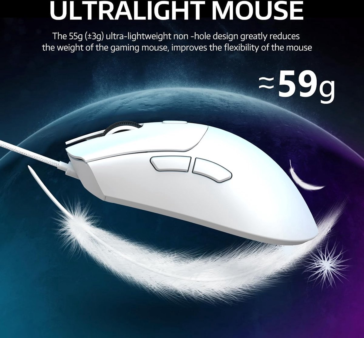 A white ultralight gaming mouse floats against a dark, swirling background with feathers.