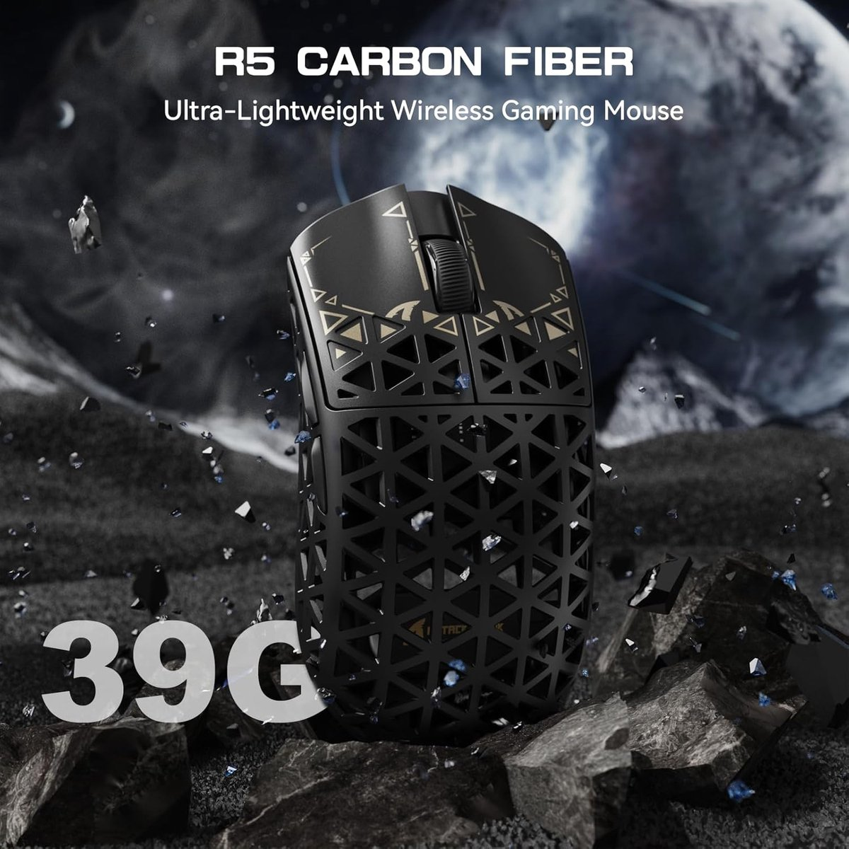 Black, ultra-lightweight gaming mouse with honeycomb pattern on rocky terrain.