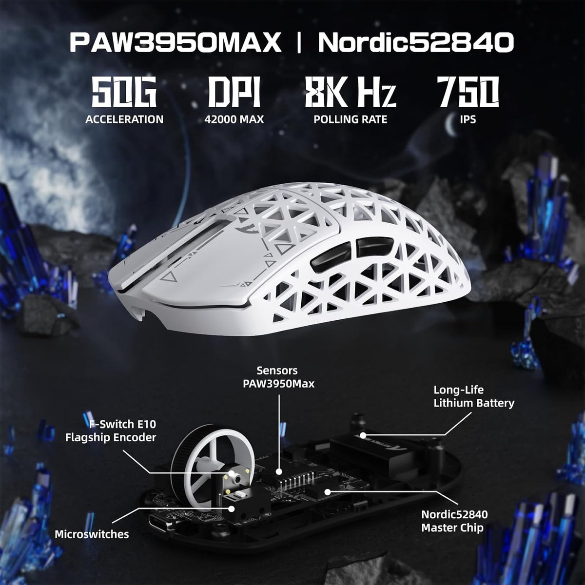 White honeycomb gaming mouse, internal components and specifications shown.