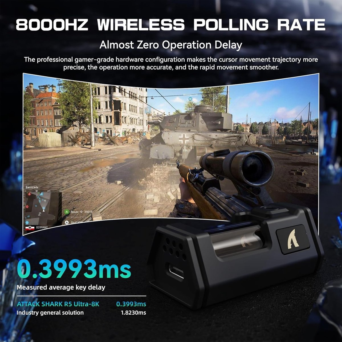 Gaming setup with a wireless polling rate device and a first-person shooter game view.