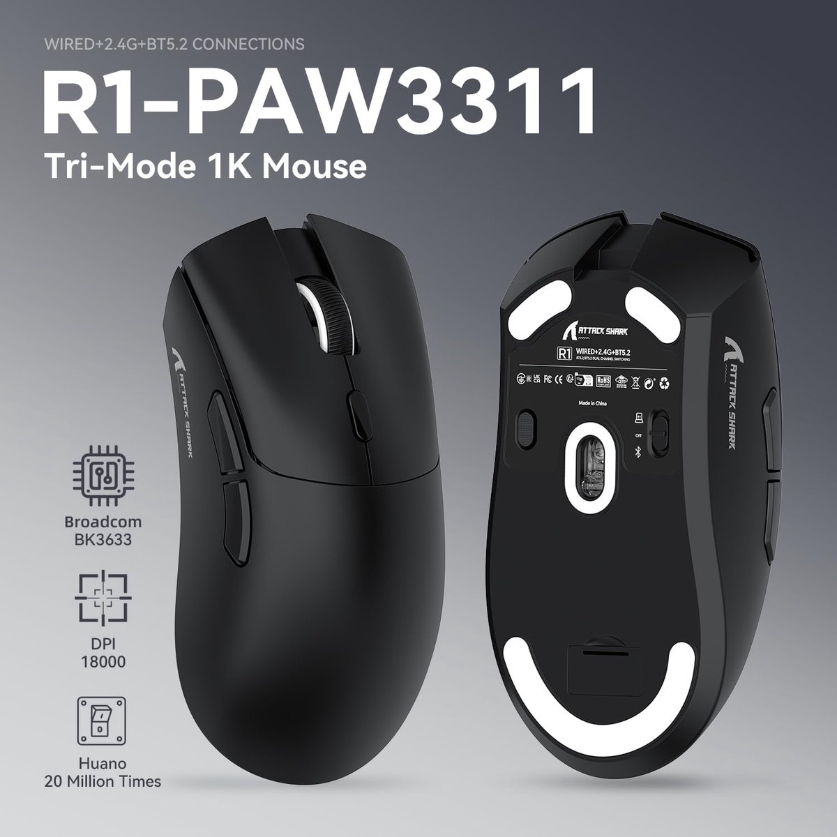 Black R1-PAW3311 Tri-Mode 1K mouse by Attack Shark, with labels.