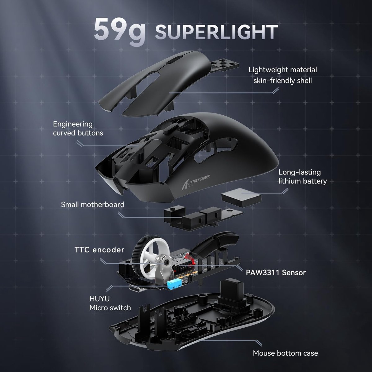 Exploded view of a 59g superlight mouse, showing internal components and labels.