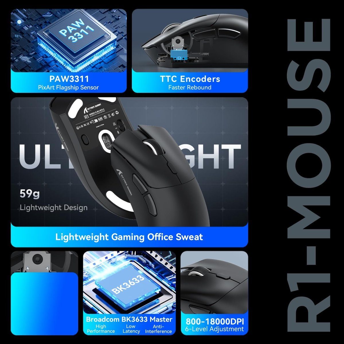 A black mouse featuring PAW3311 sensor, TTC encoders, and 59g weight.