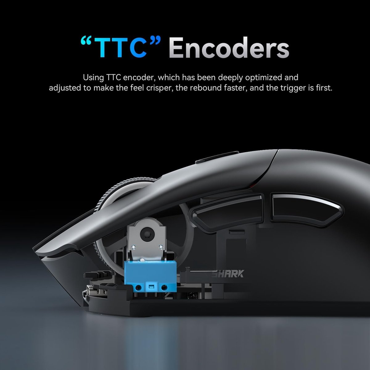 Close-up of a computer mouse, highlighting the blue TTC encoder switch.