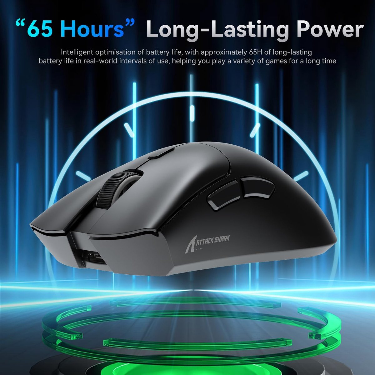 Black gaming mouse with blue background and charging indicator.