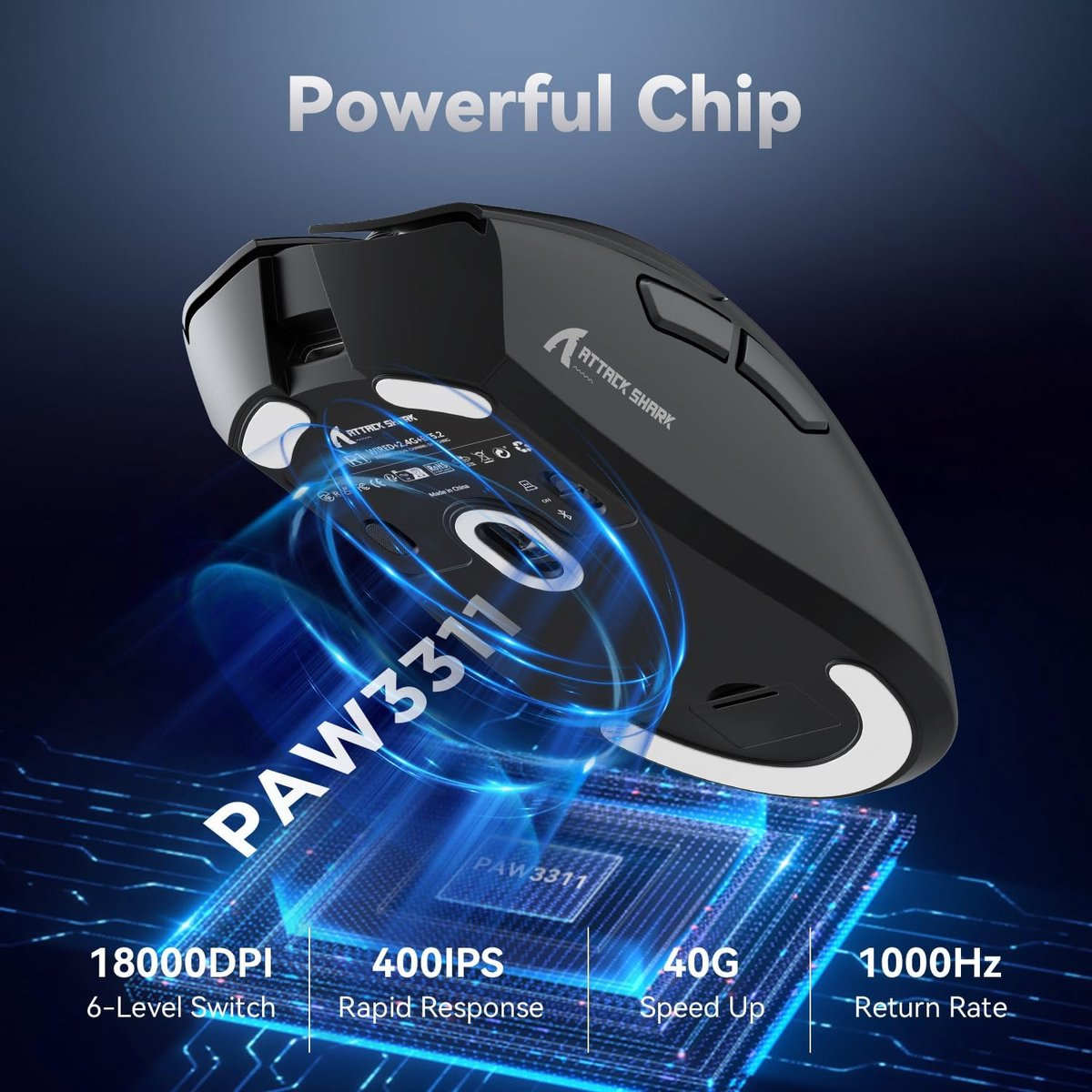 Black gaming mouse with PAW3311 chip, 18000DPI, 400IPS, 40G, 1000Hz.
