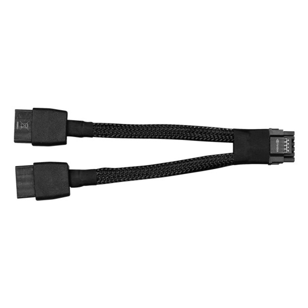 Czarny kabel Nvidia z dwoma złączami rozchodzącymi się w jedno.