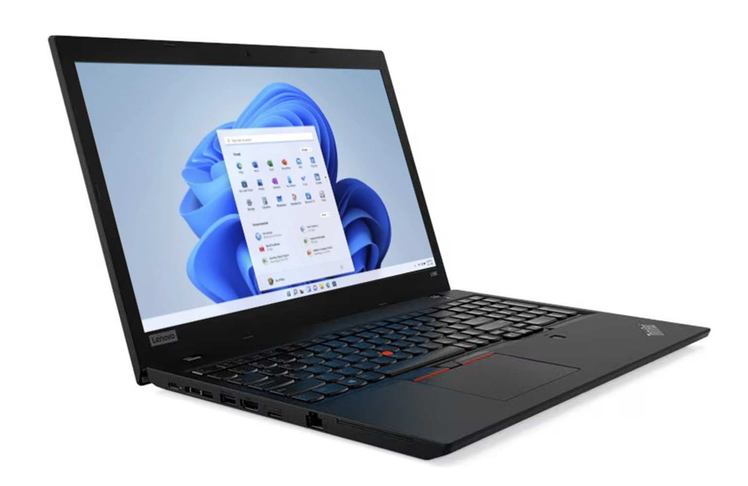 Schwarzer Laptop mit Windows 11 Startmenü auf dem Bildschirm.