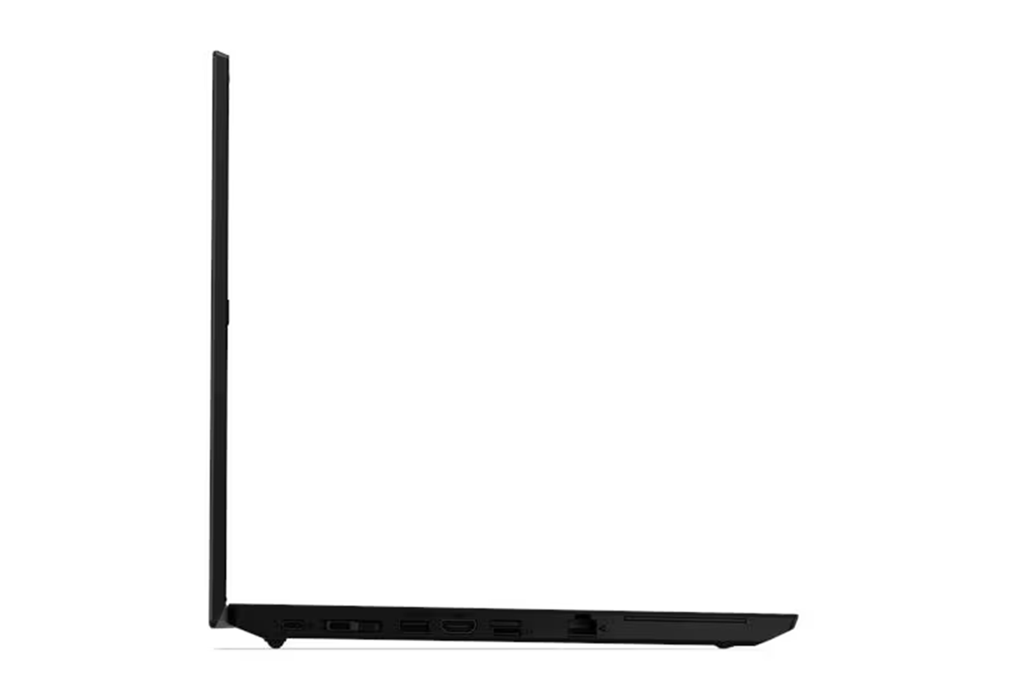 Schwarzer Laptop im Profil mit sichtbaren Anschlüssen an der Seite.