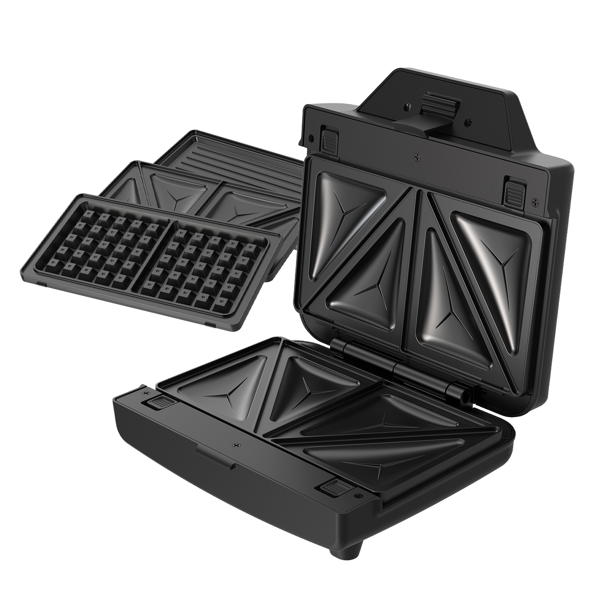 Una piastra per sandwich e waffle nera con coperchi aperti e piastre intercambiabili.
