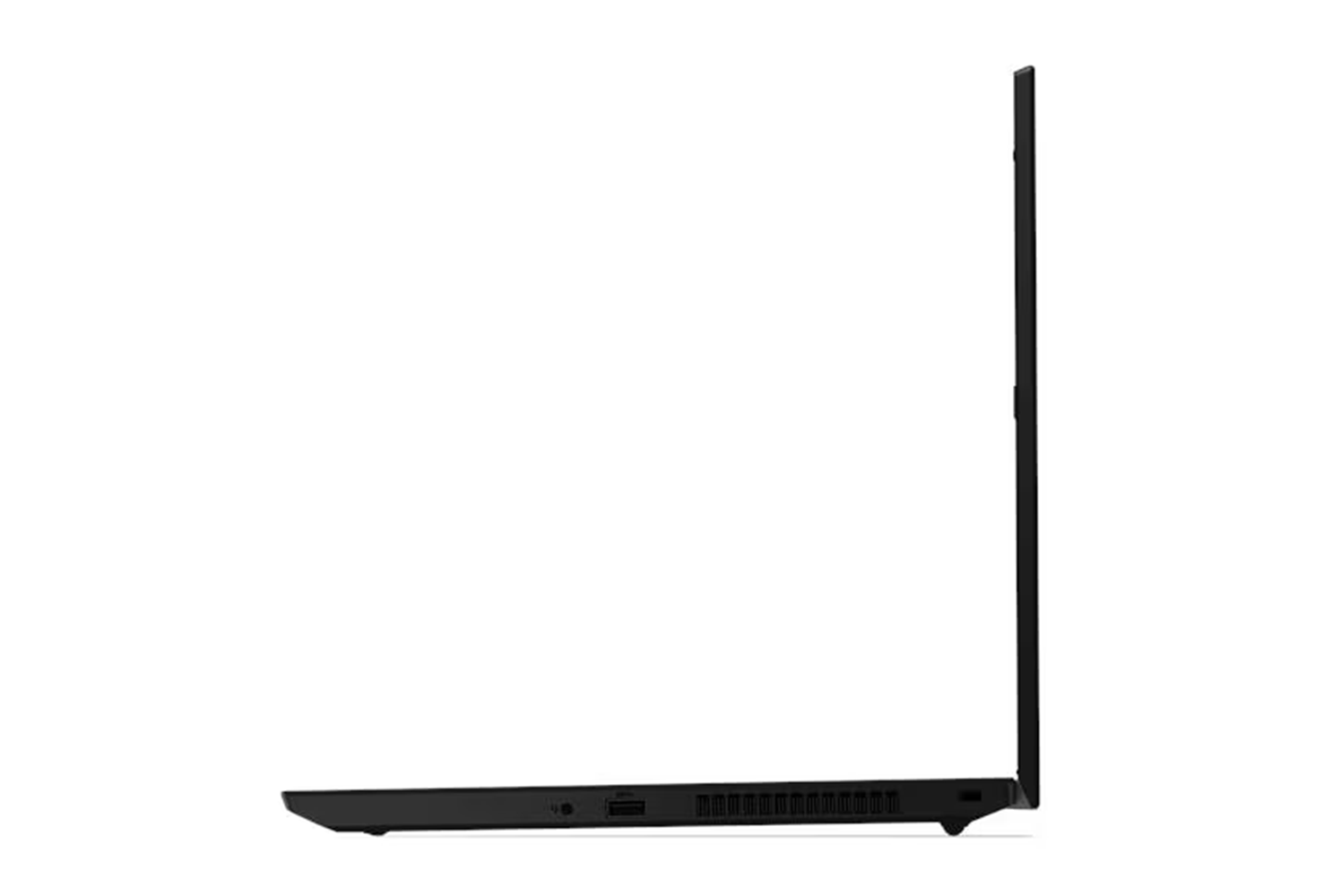Seitenansicht eines geschlossenen schwarzen Laptops mit Anschlüssen an der Seite.