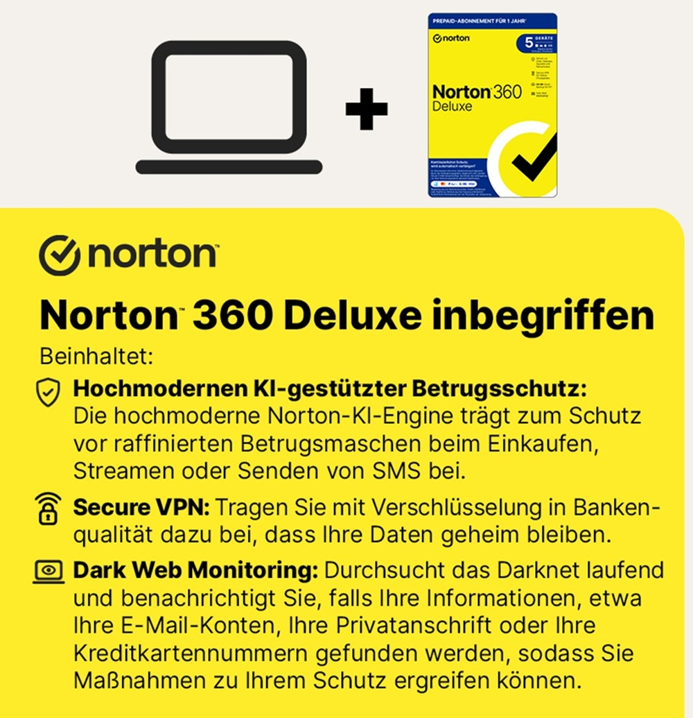 Symbol eines Laptops und eine Packung Norton 360 Deluxe Software mit Text.