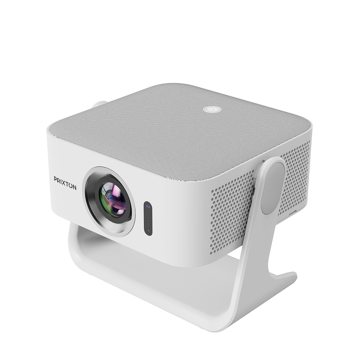 Biały projektor z obiektywem i maskownicami głośników stoi na stojaku.