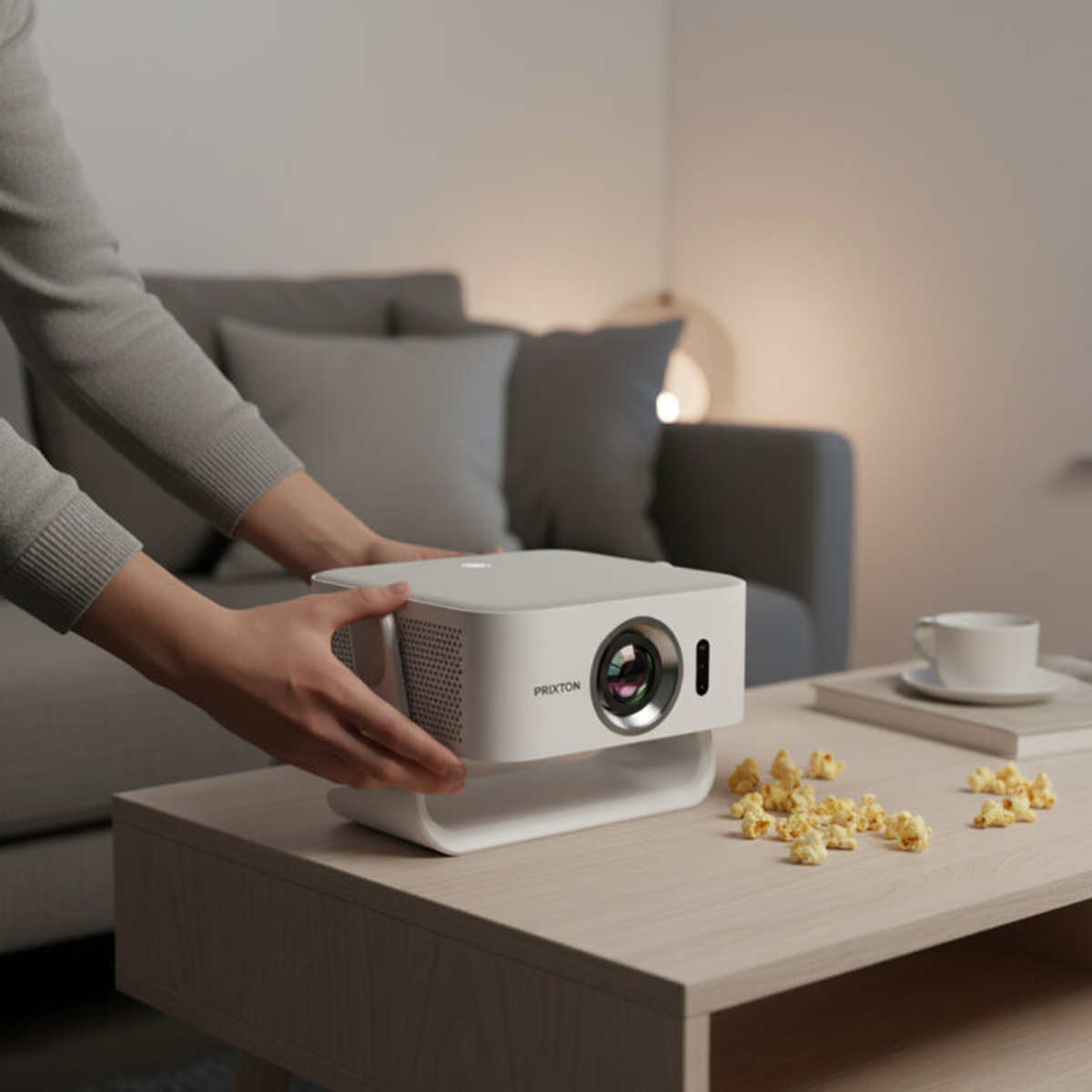 Biały projektor stoi na drewnianym stole z popcornem i filiżanką.