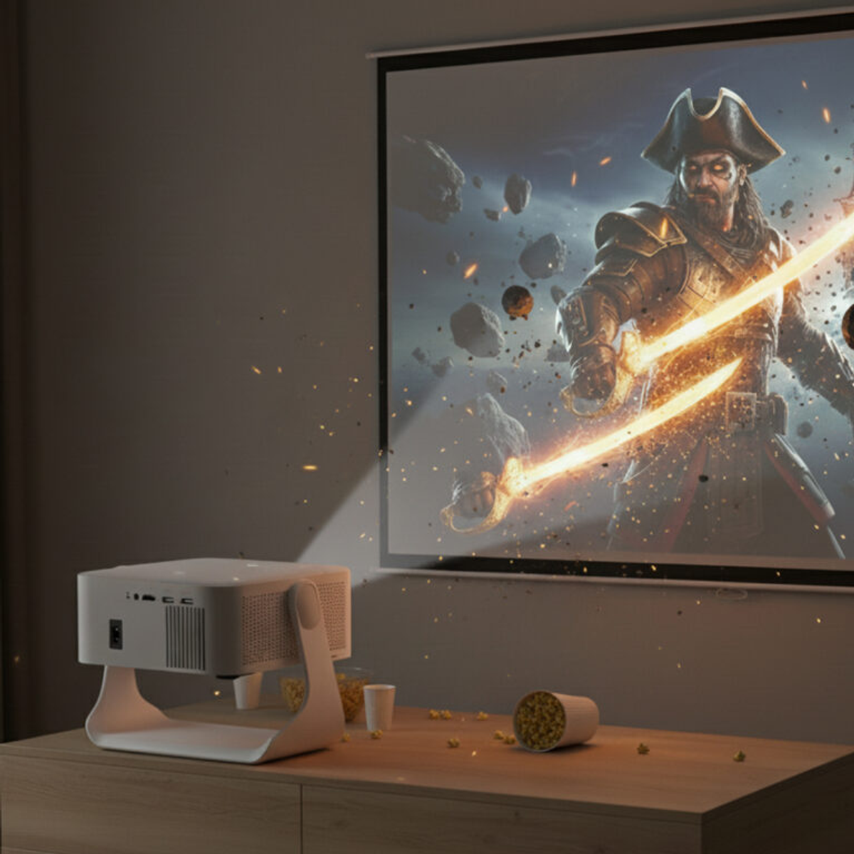 Projektor wyświetla pirata z lśniącymi mieczami; popcorn na stole.