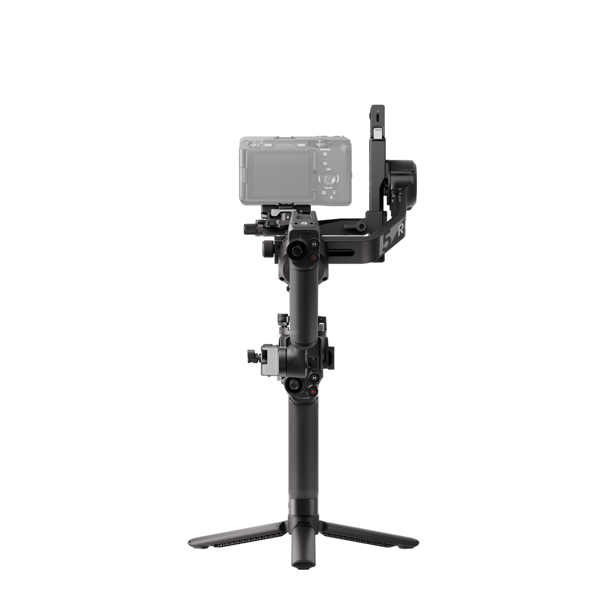 Un gimbal per fotocamera nero con treppiede e fotocamera su sfondo nero.