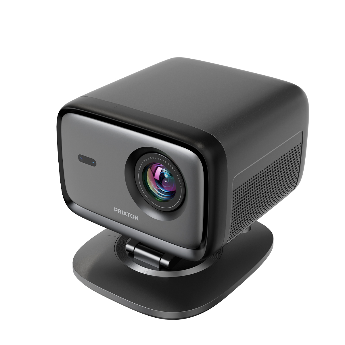 Ciemnoszary projektor Prixton z obiektywem i podstawką na białym tle.