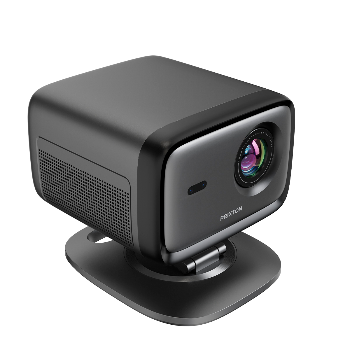 Kompaktowy, ciemny projektor z obiektywem i otworami wentylacyjnymi na stojaku.