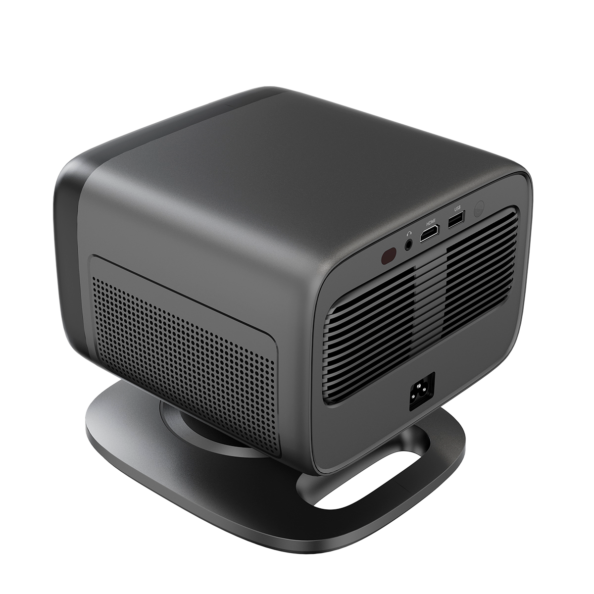 Kompaktowy, czarny projektor na płaskim stojaku z portami i otworami wentylacyjnymi.