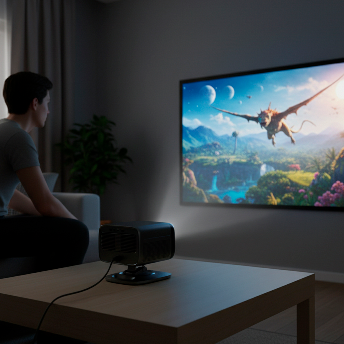 Mężczyzna ogląda TV: smok leci nad krajobrazem z wodospadami i księżycami.