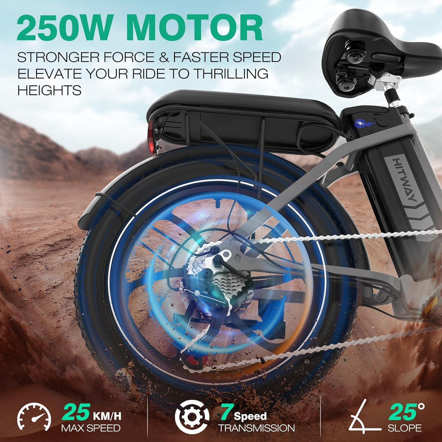 E-Bike mit 250W Motor, 25 km/h Max. Geschwindigkeit, 7-Gang-Schaltung, 25° Steigung.