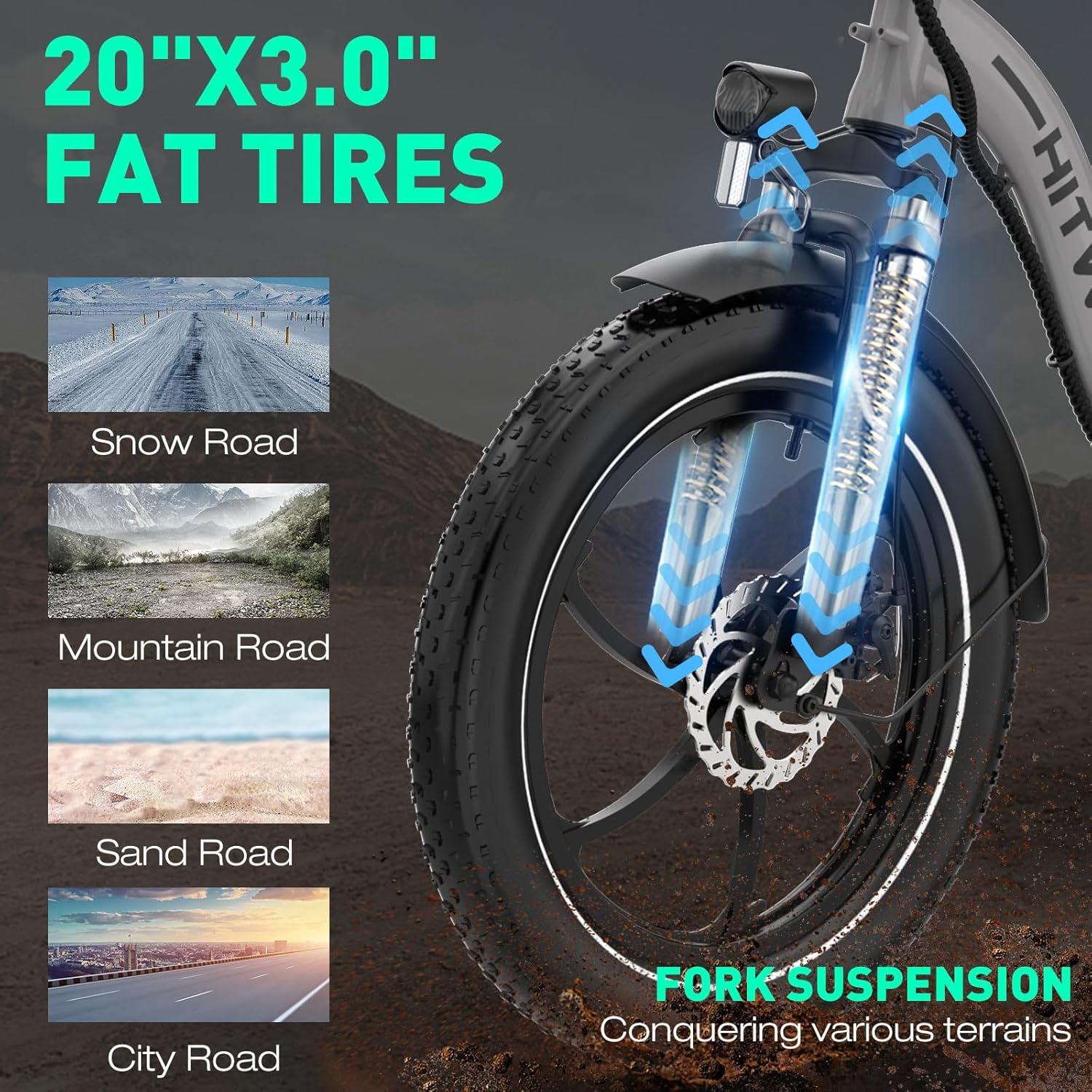 E-Bike mit 20x3.0 Zoll dicken Reifen und Federgabel für alle Terrains.