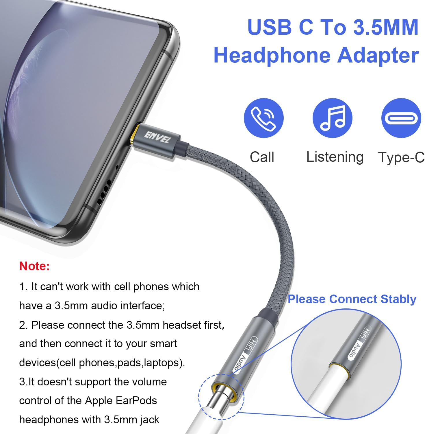 Adapter słuchawkowy USB-C na 3,5 mm z szarym kablem podłączonym do smartfona.