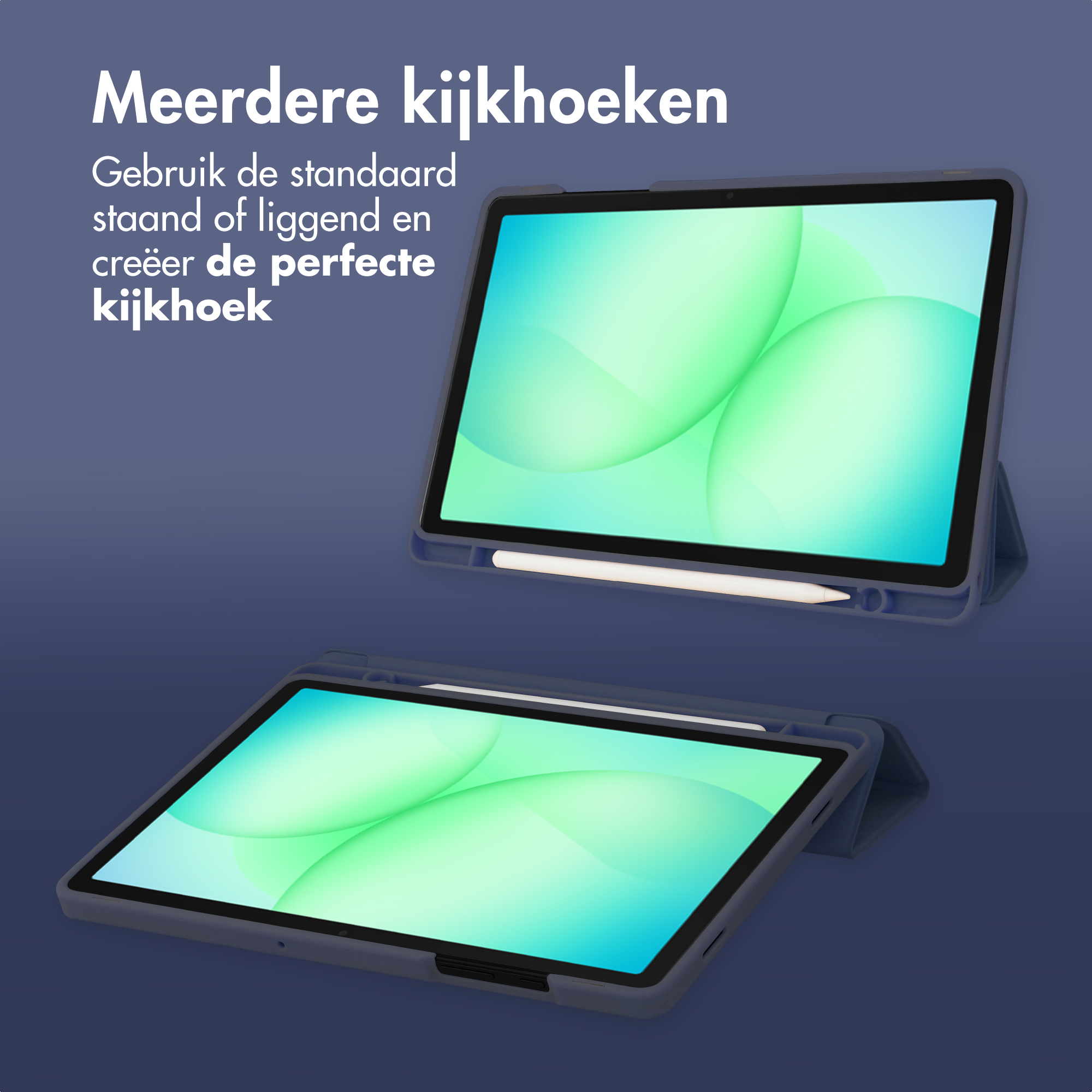 Two tablets in blue cases with styluses, screens show green bubbles.