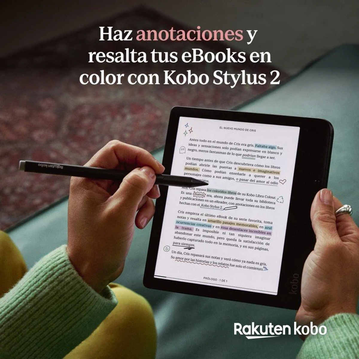 Eine Hand hält einen E-Reader und benutzt einen Kobo Stylus 2, um Notizen zu machen.
