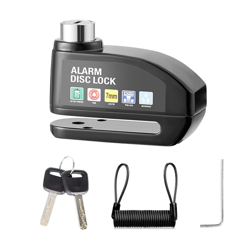 Cerradura de disco de alarma negra con llaves, cable en espiral y llave Allen.