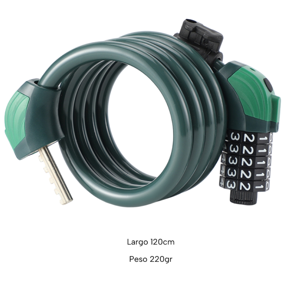 Candado de cable verde con llave y combinación.