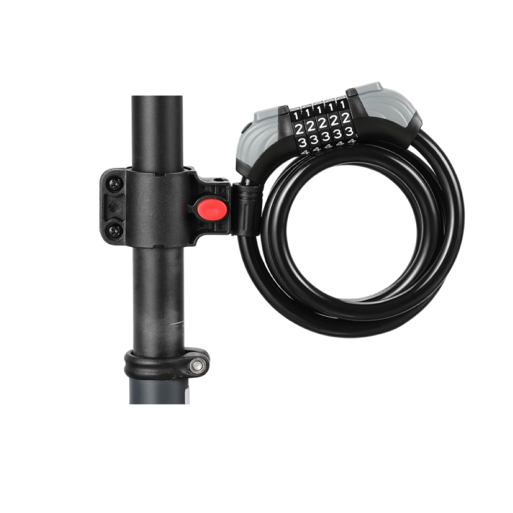 Candado de cable negro con cerradura de combinación en un cuadro de bicicleta.