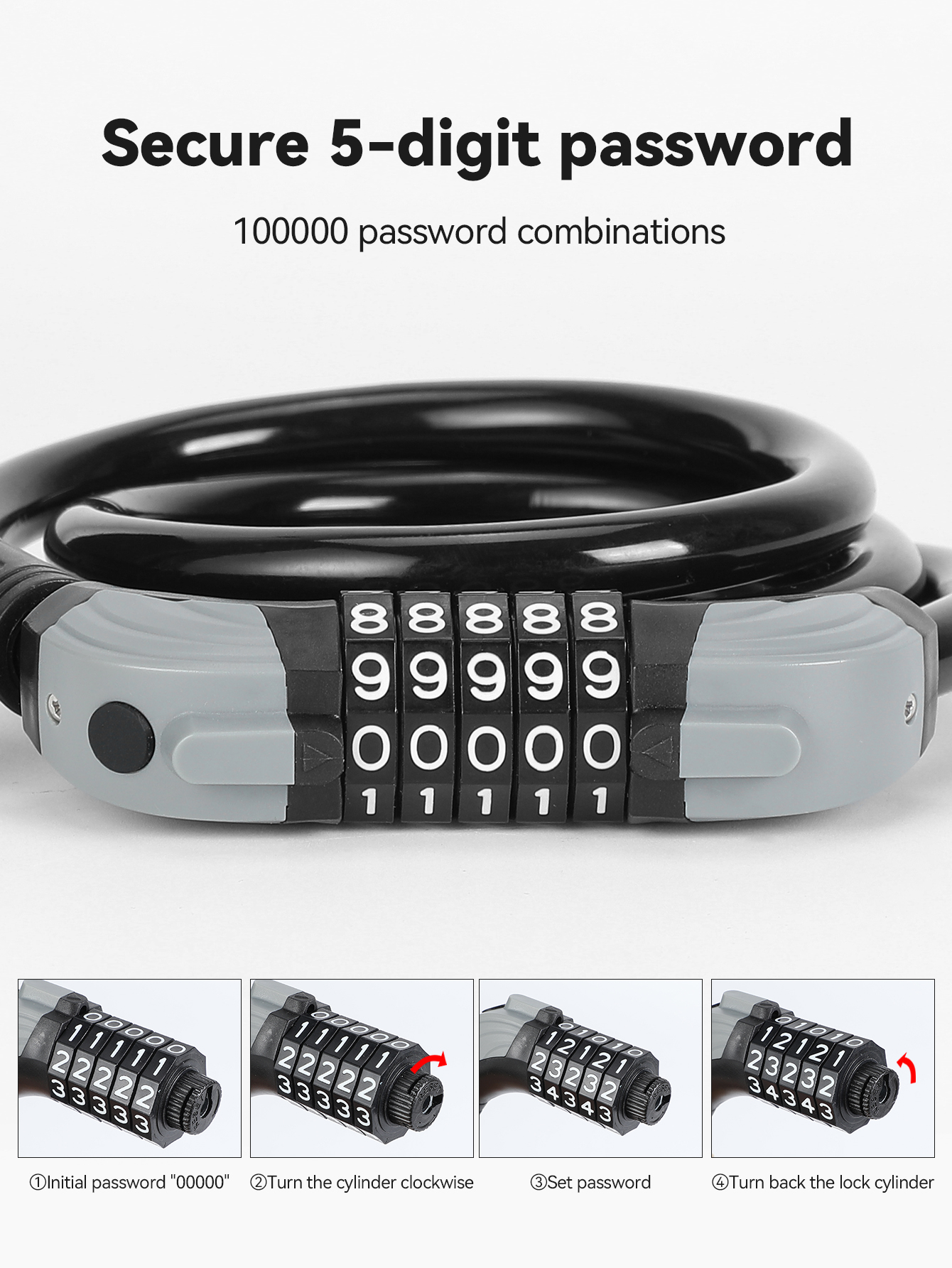 Un candado de combinación negro de 5 dígitos con carcasa gris, que muestra los números 00000.