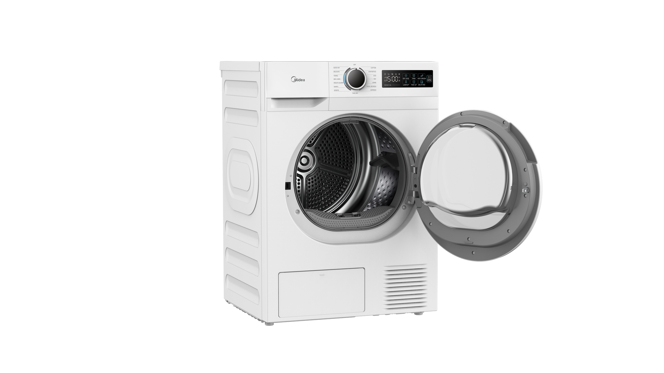 Una secadora Midea blanca con la puerta abierta, mostrando el tambor.