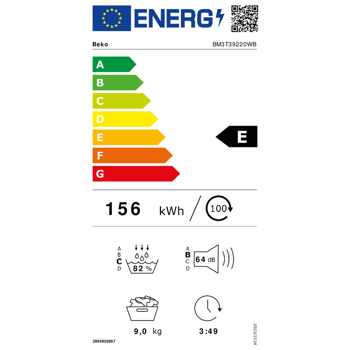 Etiqueta eficiencia energética E, 156 kWh/100 ciclos, 82% centrifugado, 64 dB, 9kg, 3:49h.