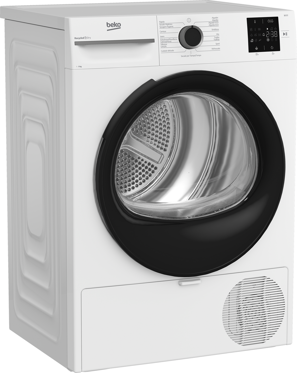 Una secadora Beko blanca con puerta negra y pantalla digital.