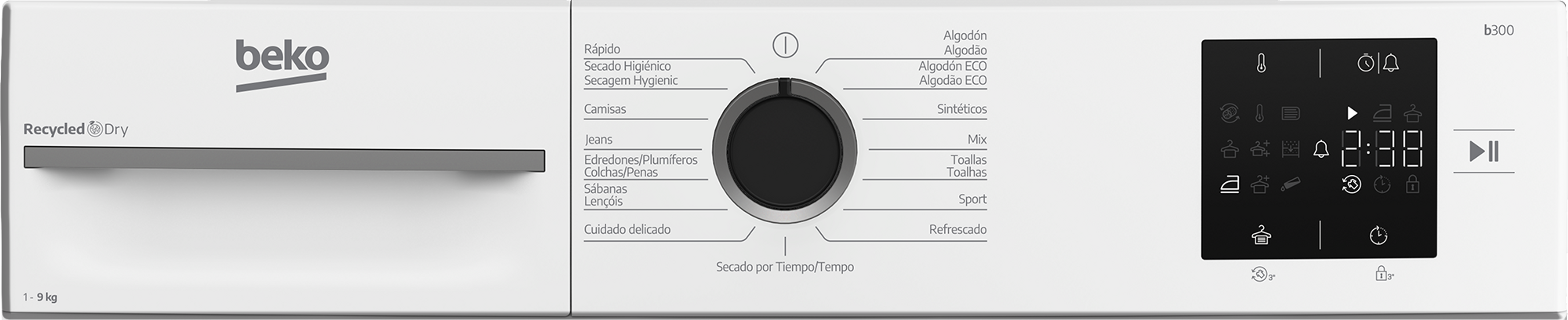 Panel de control de secadora Beko con selección de programas, pantalla y controles.