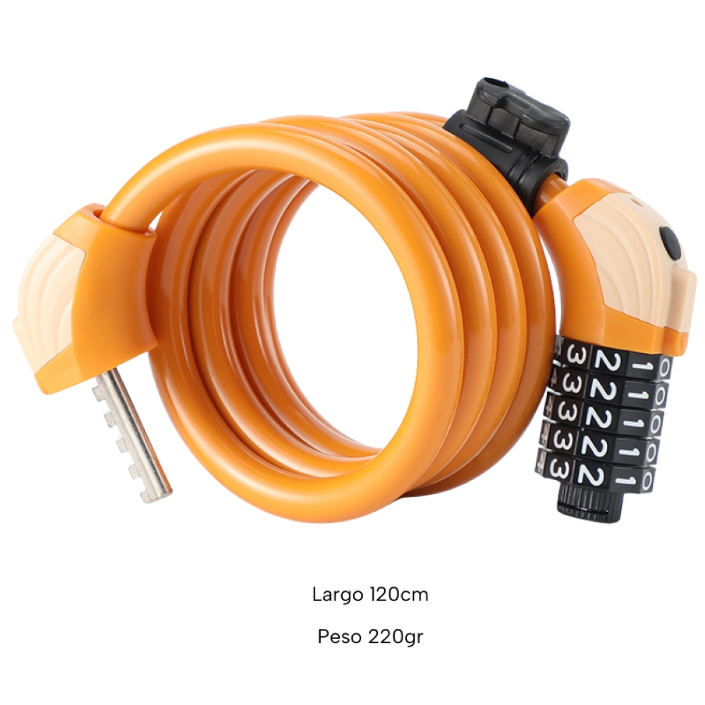 Candado naranja para bicicleta con candado de combinación y llave, sobre fondo blanco.