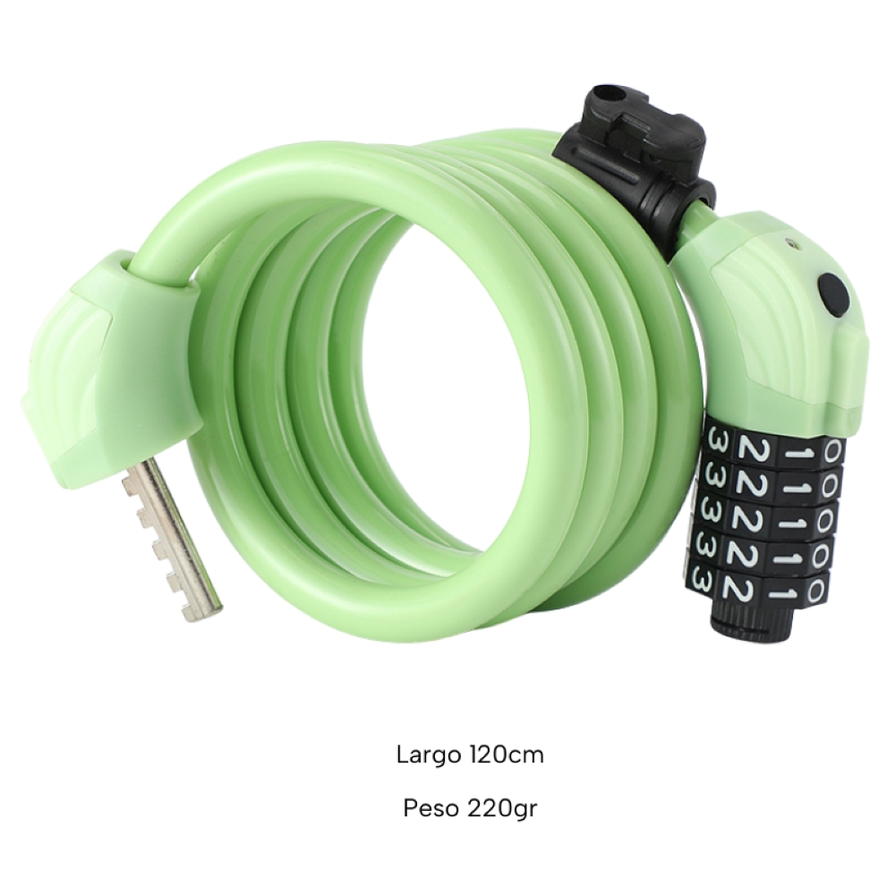Un candado de cable verde claro con candado de combinación y llave, sobre fondo blanco.