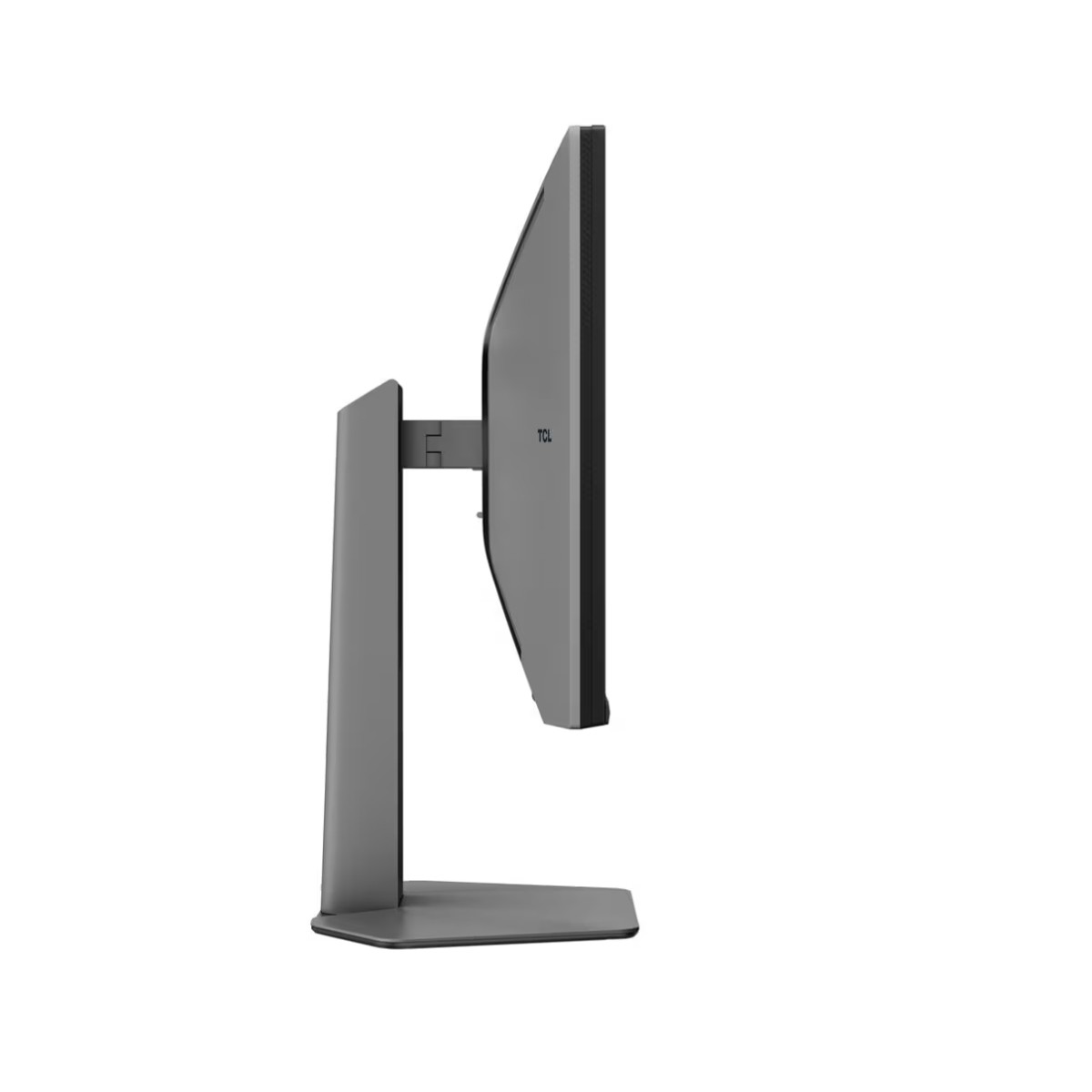 Monitor gris con logo TCL sobre base estable, visto de lado.