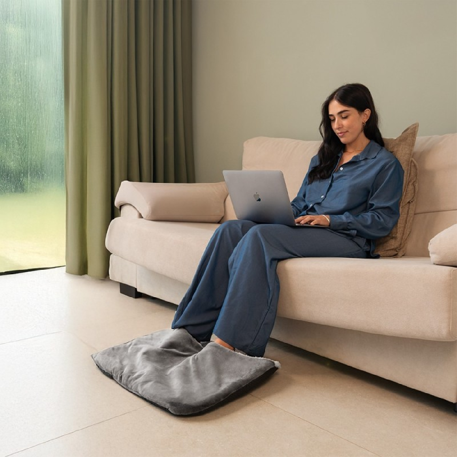 Mujer en pijama azul en sofá con portátil, pies en reposapiés calefactado. Llueve fuera.