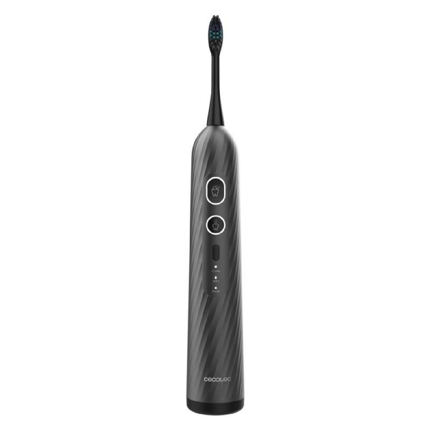 Spazzolino elettrico: Manico grigio scuro scanalato, testina nera e setole blu.