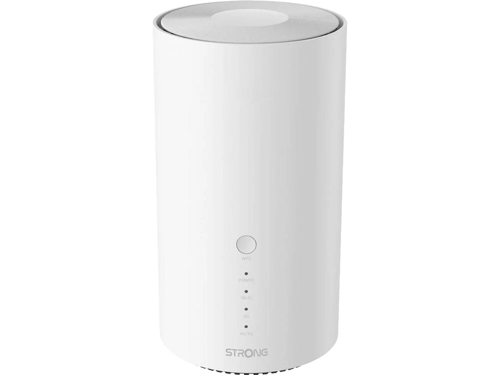 Router cilindrico bianco con spie e logo STRONG.